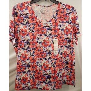 Carol Bay NWT Woman's 1X Floral Tee Stripe V-Neck S/Sleeve Top Pullover
